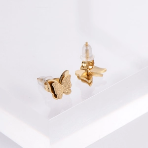 Minimalist double-layered gold butterfly stud earrings with frosted glitter finish