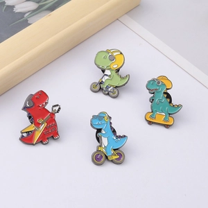 Cartoon dinosaur enamel pins set featuring colorful animals on bikes and skateboards