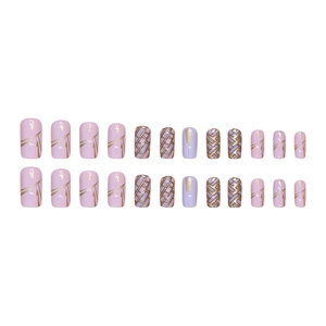 Plaid and feather design square press-on nails in pink and light purple 24-piece set