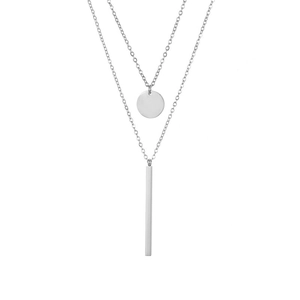 Double-layer stainless steel necklace featuring small round and rectangular silver pendants
