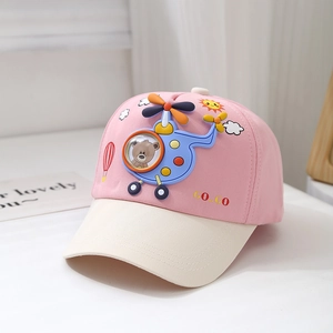 Detail of pink and beige kids baseball cap with 3D cartoon helicopter bear and embroidery