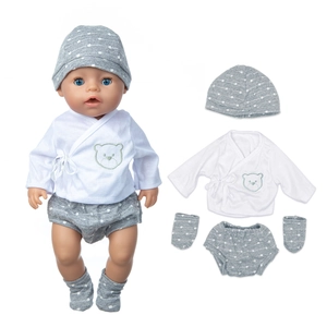 Four-piece doll outfit set with bear top, polka dot shorts, hat and socks for 18 inch dolls