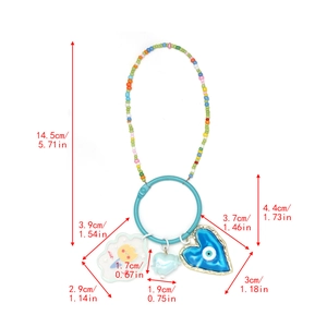 Detailed size measurement of colorful beaded keychain with heart and cloud charms