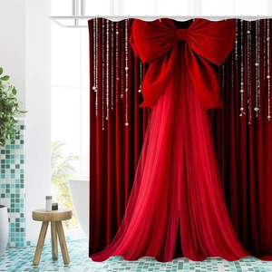 Détail du rideau de douche de Noël rouge avec nœud 3D et ornements de perles