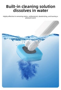 Macro view of disposable toilet brush head with built-in cleaner dissolving in water