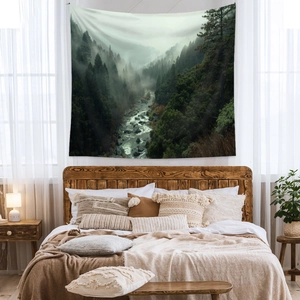 Nature landscape wall tapestry with foggy forest and stream for bedroom decoration