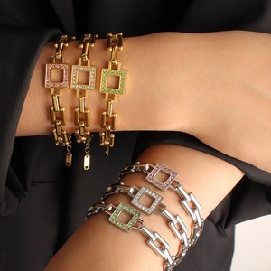 Luxury Stainless Steel Geometric Square Pave Rhinestone Chain Bracelet Elegant Gold Silver Plated Fashion Jewelry For Women