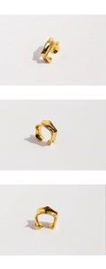Macro detail showing three views of irregular wavy golden metal ear cuff with mirror finish
