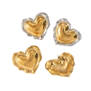 Polished 18K gold heart stud earrings with silver edges shown on a white background