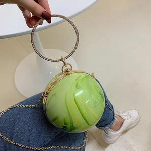Unique spherical green marble acrylic handbag with rhinestone handle and gold chain strap