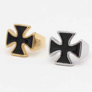 Vintage Stainless Steel Cross Ring Black Enamel Iron Cross Punk Gothic Biker Style Wide Band Jewelry For Men