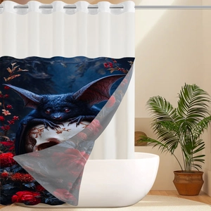 Detail of waterproof gothic shower curtain with red-eyed bat and skull graphic print