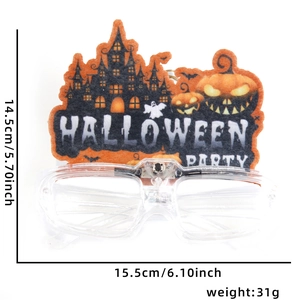 Detailed size chart of LED Halloween glasses with BOO and bat motifs in 15.5x14.5cm