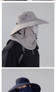 Detail of wide brim sun hat with mesh breathable face mask and neck protection cover