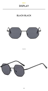Detailed views of black metal polygonal sunglasses from front and side perspectives