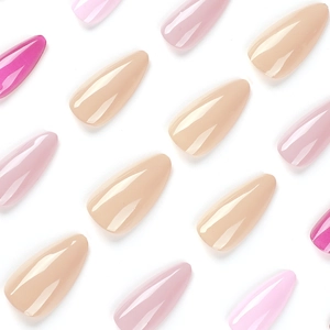 Glossy almond shaped press-on nails in nude pink and purple tones for a chic look