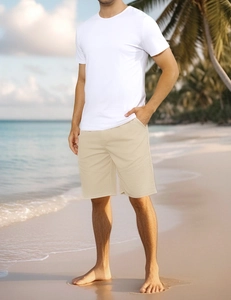 Close-up of summer men's cotton linen casual set with white t-shirt and khaki shorts