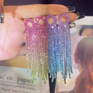 Elegant long rhinestone tassel earrings with colorful gradient fringe for women