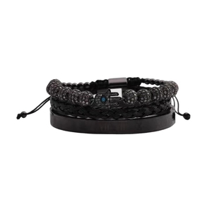 Men's black three-piece bracelet set with Fatima hand charm and Roman numeral bangle
