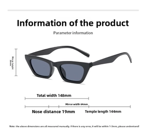 Detailed technical diagram showing dimensions of black rectangle cat eye sunglasses