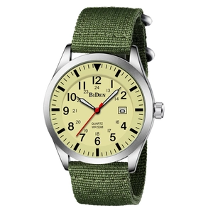 Military outdoor men's quartz watch with green nylon NATO strap and beige dial