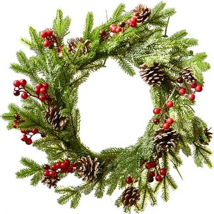 Weihnachtskranz mit grünen Kiefernnadeln, roten Beeren und Tannenzapfen auf weißem Grund