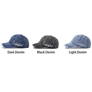 Vintage washed denim baseball caps with colorful embroidery in dark, black, and light denim