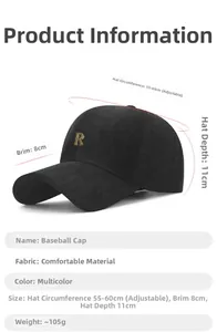 Size specifications of black baseball cap featuring a metal R logo and adjustable strap