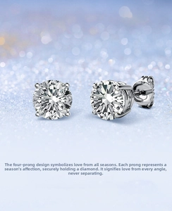Macro shot of silver four-prong stud earrings with round brilliant cut moissanite