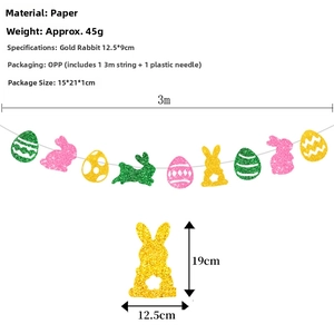 Glittery Easter bunny and egg banner details with 12.5x19cm dimensions and 3m rope