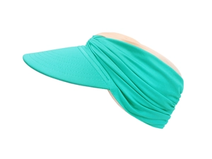 Detail showing the pleated mint green fabric and wide brim of the empty top sun hat