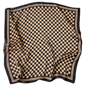 Classic checkerboard pattern silk square scarf with elegant black border for women