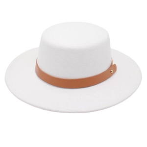 French Style Boater Hat For Women Flat Top Cotton Felt Wide Brim Fedora Hat With Leather Strap Retro Elegant Lady Sun Hat Church Party Cap