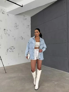 Oversize vintage washed light blue denim jacket for women with a single-breasted design