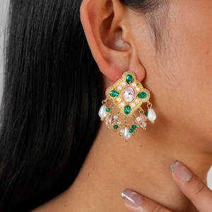 Baroque style drop earrings with green and pink crystals and white pearl fringe