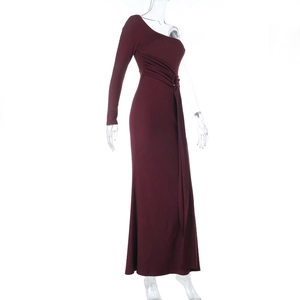 Elegant burgundy one-shoulder long sleeve slimming evening maxi dress with waist ruffles