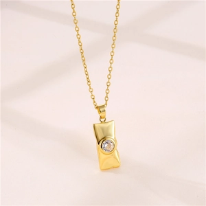 Minimalist gold titanium steel necklace featuring a rectangle pendant with round zircon
