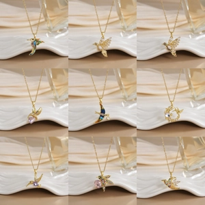 Hummingbird Pendant Necklace Gold Plated Copper With Zirconia Colorful Enamel Elegant Animal Jewelry For Women
