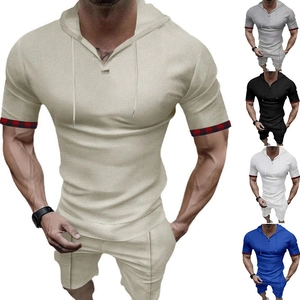 Men Hooded T-Shirt And Shorts Waffle Knit Plaid Trim Cuffs Casual Sporty Summer Outfit Breathable Comfortable