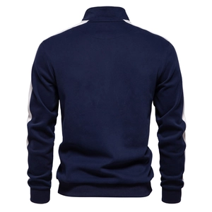 Rear view of navy blue stand collar jacket with white stripe detail and athletic cut