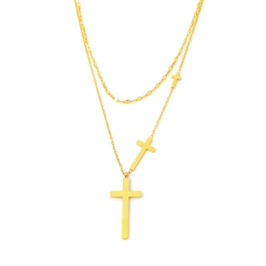18K gold-plated double-layer stainless steel necklace featuring three cross pendants