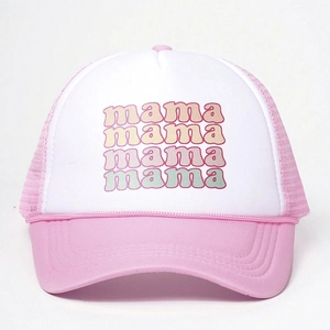 Close-up of pink mesh trucker hat with multi-colored gradient mama lettering print