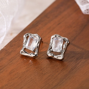 Rectangular 18K gold plated cross studs with zircon inlay and liquid metal design