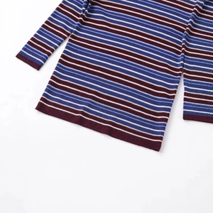 High neck long sleeve knit sweater with colorful burgundy and blue horizontal stripes