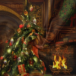 Detail view of festive Christmas tapestry featuring a realistic lit fireplace and tree