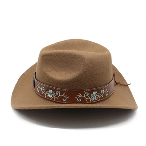 Vintage brown wool felt western cowboy hat featuring floral embroidered leather band
