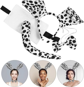 Dalmatian costume set with headband, bowtie, and tail shown on diverse models