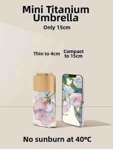 Mini floral umbrella folded 15cm long and 4cm thick shown next to a smartphone
