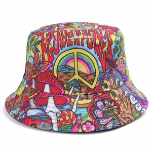 Reversible hippie graffiti bucket hat with colorful flower power prints and sun protection