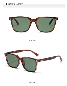 Front and side view of tortoise frame sunglasses with green lenses and metal rivets